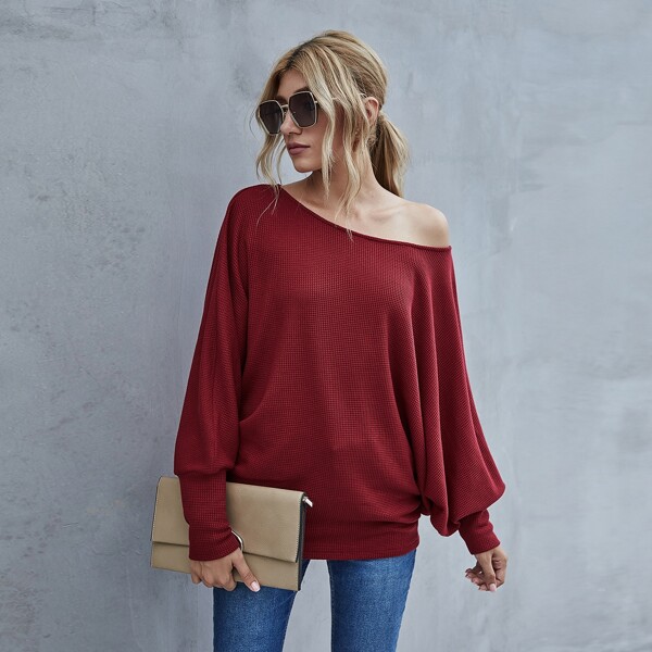 

Batwing Sleeve Boat Neck Waffle Knit Tee, Burgundy