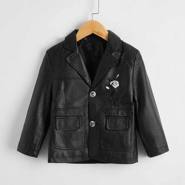 

Boys Floral Embroidered PU Leather Jacket, Black