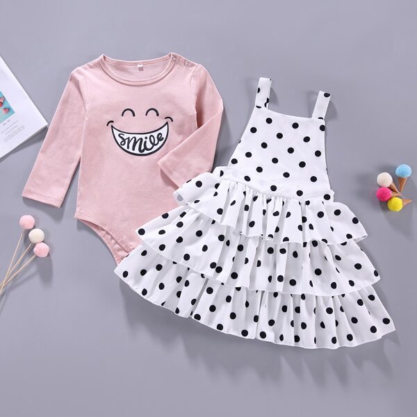 

Baby Girl Letter Graphic Bodysuit & Polka Dot Tiered Layer Dress Set, Multicolor
