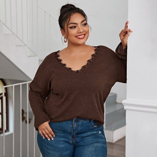 

Lace Panel Rib-knit Drop Shoulder Tee, Chocolate brown