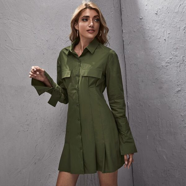 

Button Front Solid Dress, Army green