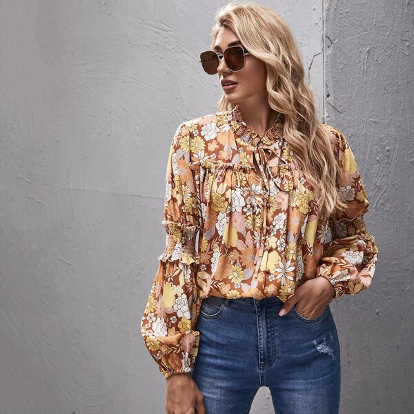 

Tie Neck Frill Trim Shirred Floral Top, Multicolor