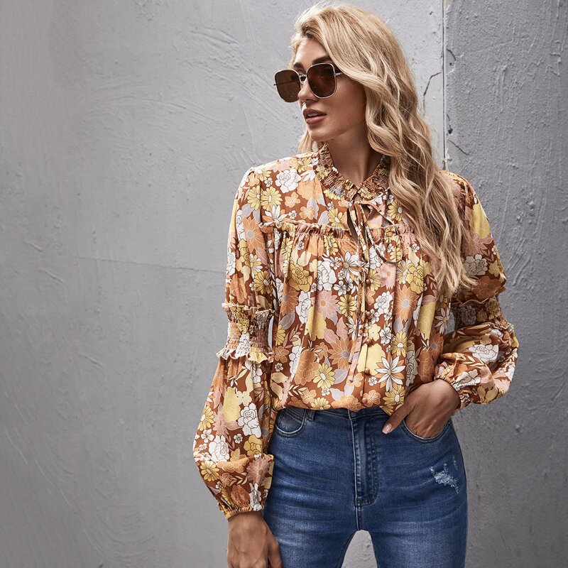 

Tie Neck Frill Trim Shirred Floral Top, Multicolor