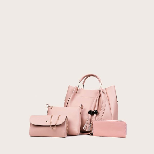 

4pcs Tassel Decor Tote Bag Set, Baby pink