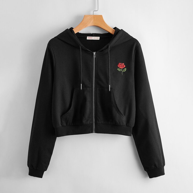 

Rose Embroidery Zip Up Crop Sweatshirt, Black