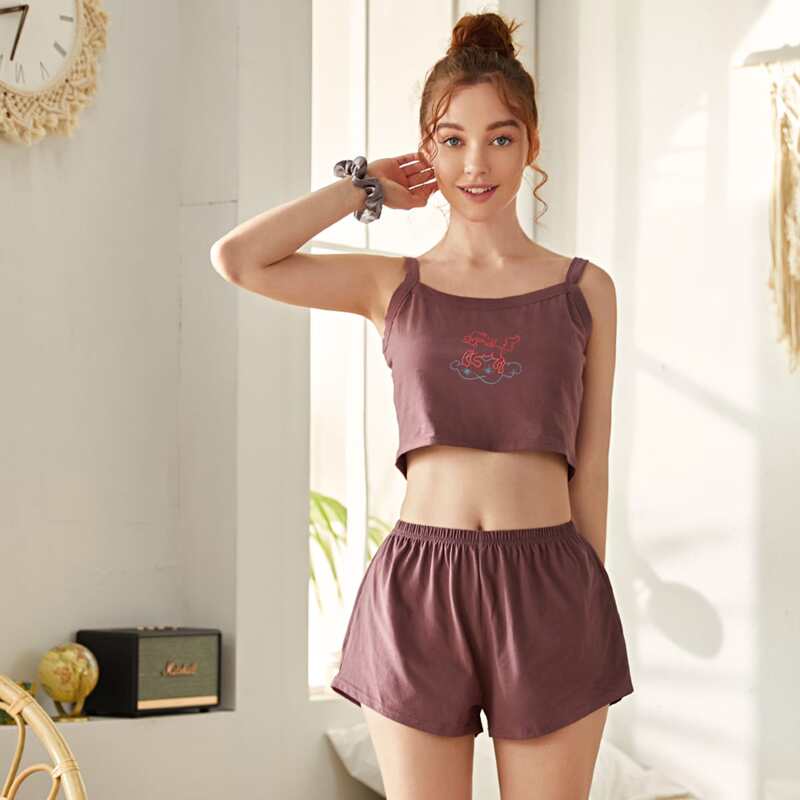 

Cartoon Graphic Cami Pajama Set, Purple