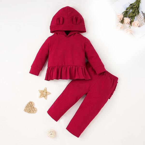

Baby Girl 3D Ear Design Hoodie With Layered Ruffle Pants, Rose red