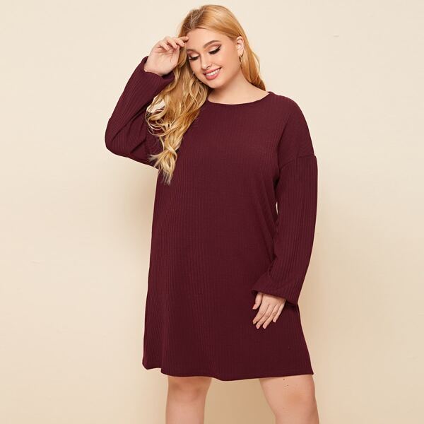 

Plus Rib-knit Drop Shoulder Tee Dress, Maroon