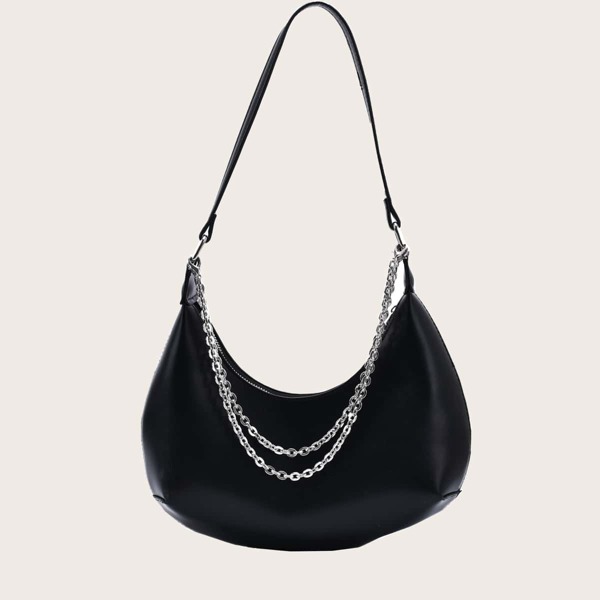 

Chain Decor Minimalist Baguette Bag, Black