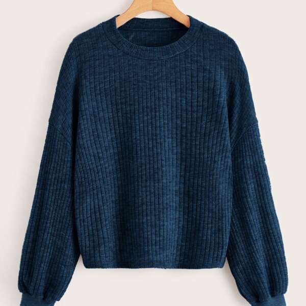 

Ribbed Marled Knit Drop Shoulder Sweater, Navy blue