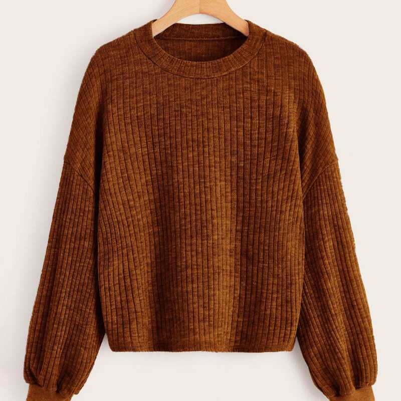 

Ribbed Knit Drop Shoulder Sweater, Rust brown