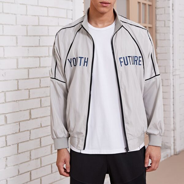 

Men Letter Graphic Contrast Binding Jacket, Light grey