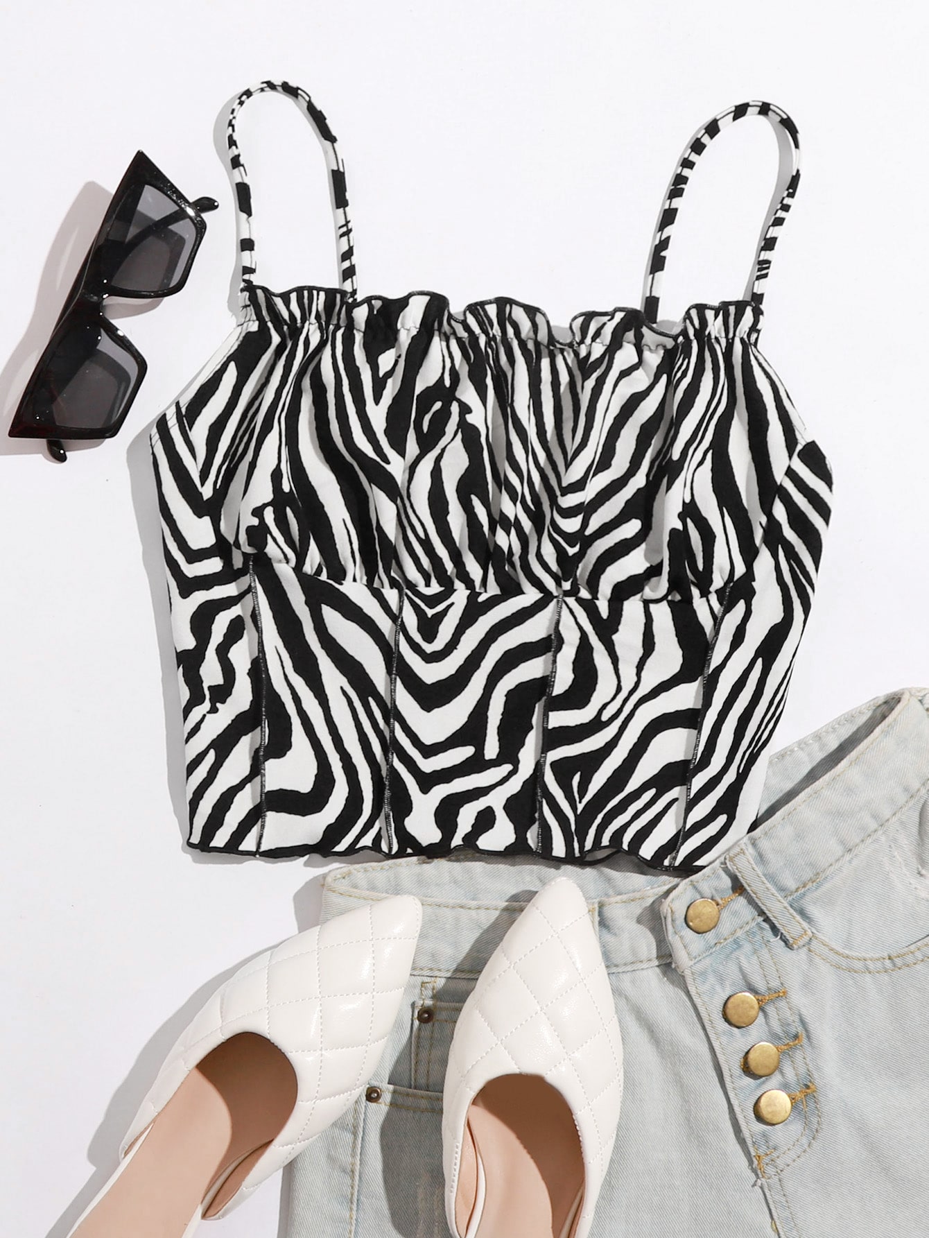 Ruched Bust Seam Front Zebra Striped Cami Top thumbnail