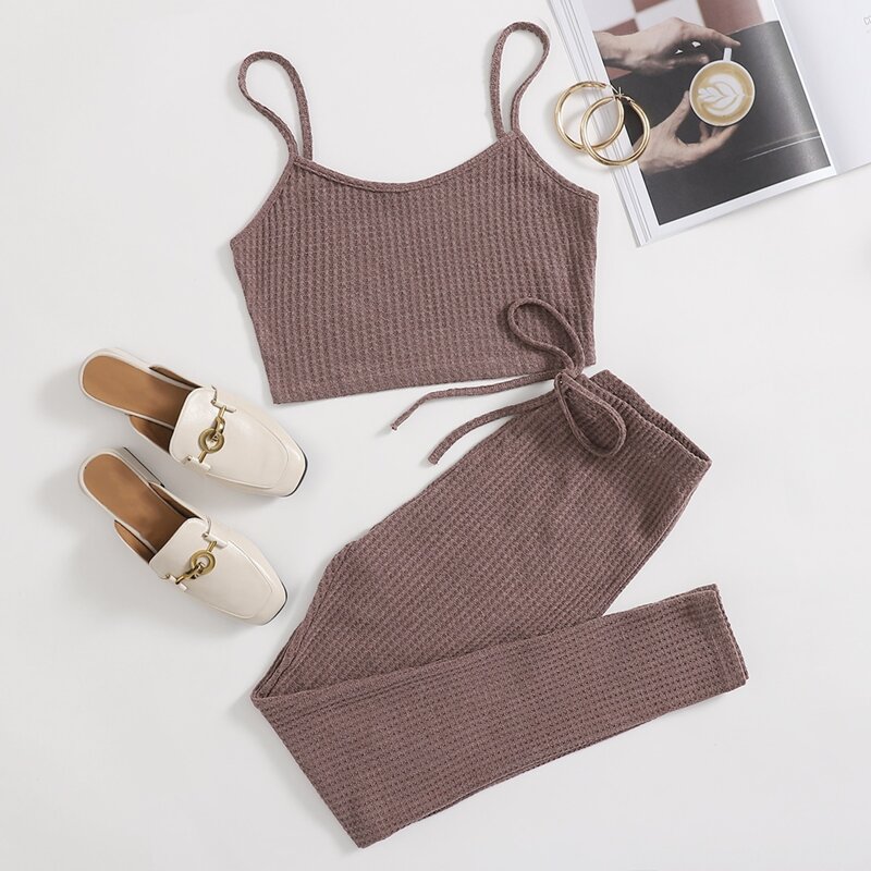 

Waffle Knit Cami Top & Drawstring Leggings Set, Maroon