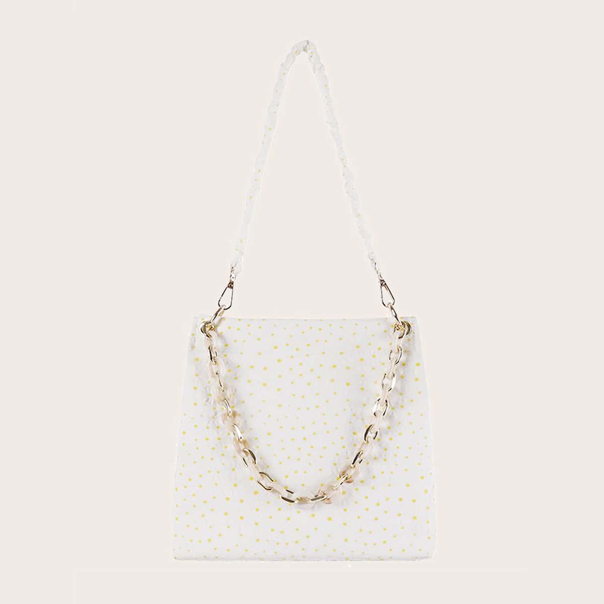 

Floral Graphic Bucket Bag With Chain Handle, White