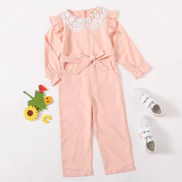 

Toddler Girls Lace Doll Collar Belted Jumpsuit, Coral pink