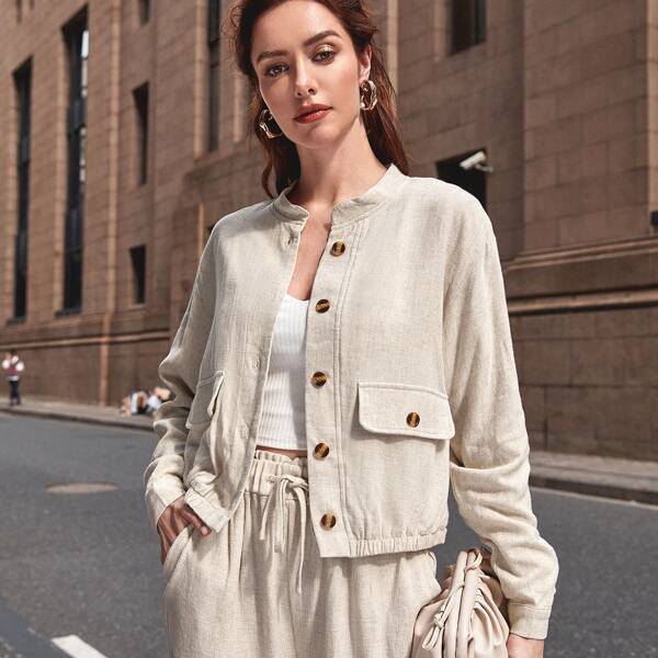 

Solid Button Front Jacket, Khaki pastel