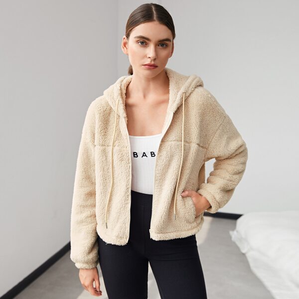 

Drop Shoulder Drawstring Teddy Hoodie, Apricot