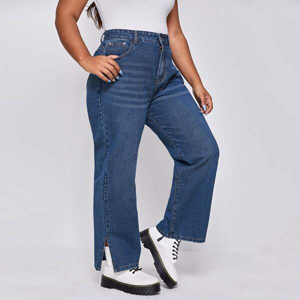 

Plus Split Side High Waist Jeans, Dark wash