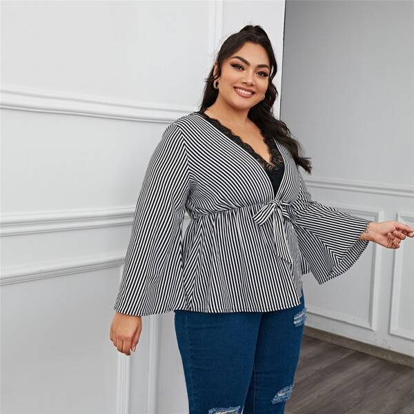 

Lace Panel Striped Tie Front Peplum Blouse, Black and white