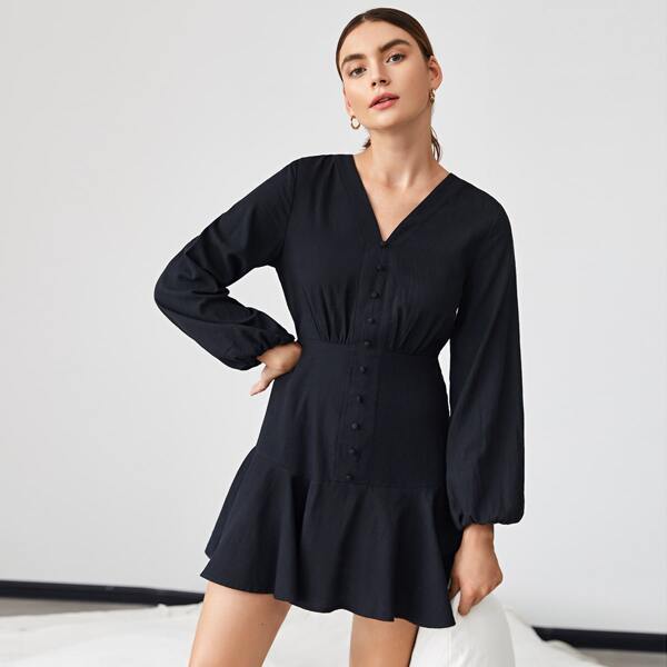 

Bishop Sleeve Button Front Flounce Hem Dress, Black