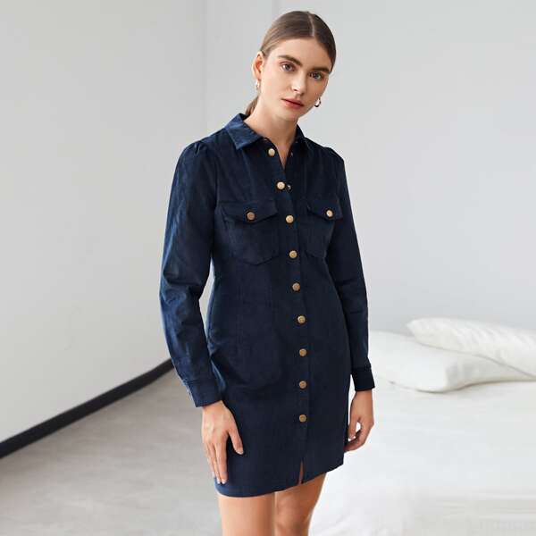 

Flap Pocket Front Cord Shirt Dress, Navy blue