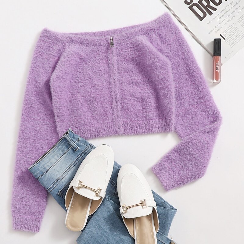 

Off Shoulder Zip Up Fuzzy Cardigan, Lilac purple