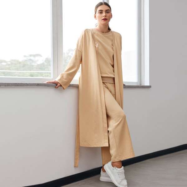 

Drop Shoulder Raw Trim Belted Coat, Khaki