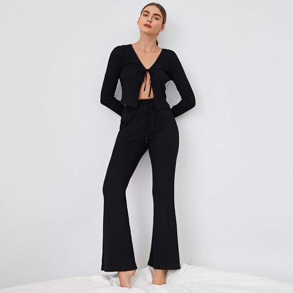 

Tie Front Top & Flare Leg Drawstring Pants Set, Black