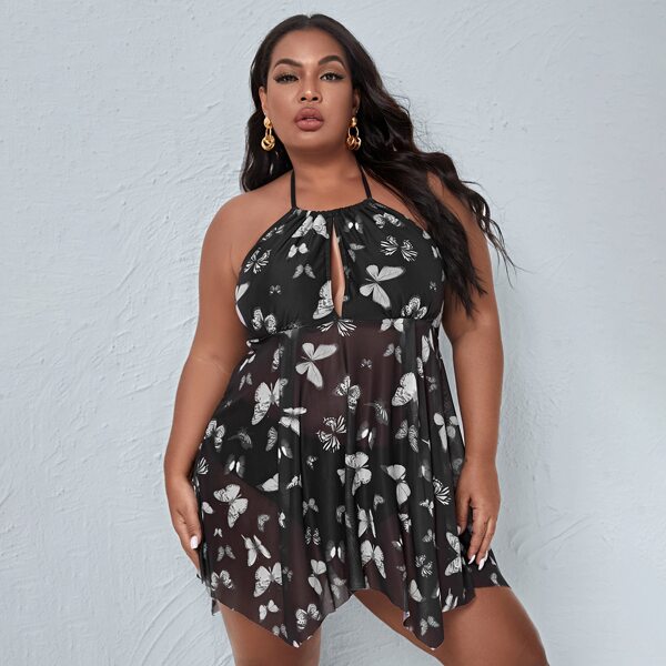 

Plus Butterfly Print Mesh Halter Bikini Swimsuit, Black