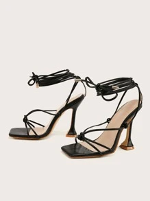 Tie Leg Design Pyramid Heeled Strappy Sandals - Black - View 2