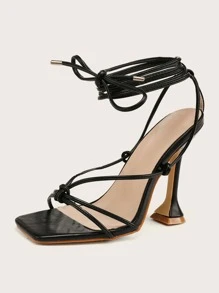 Tie Leg Design Pyramid Heeled Strappy Sandals - Black - View 3