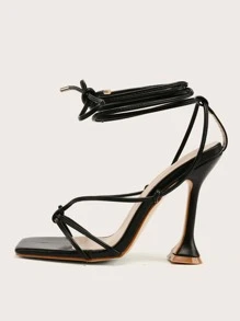 Tie Leg Design Pyramid Heeled Strappy Sandals - Black - View 4