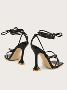 Tie Leg Design Pyramid Heeled Strappy Sandals - Black - View 5