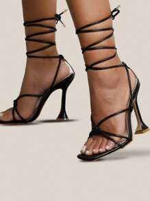 Tie Leg Design Pyramid Heeled Strappy Sandals - Black - View 7
