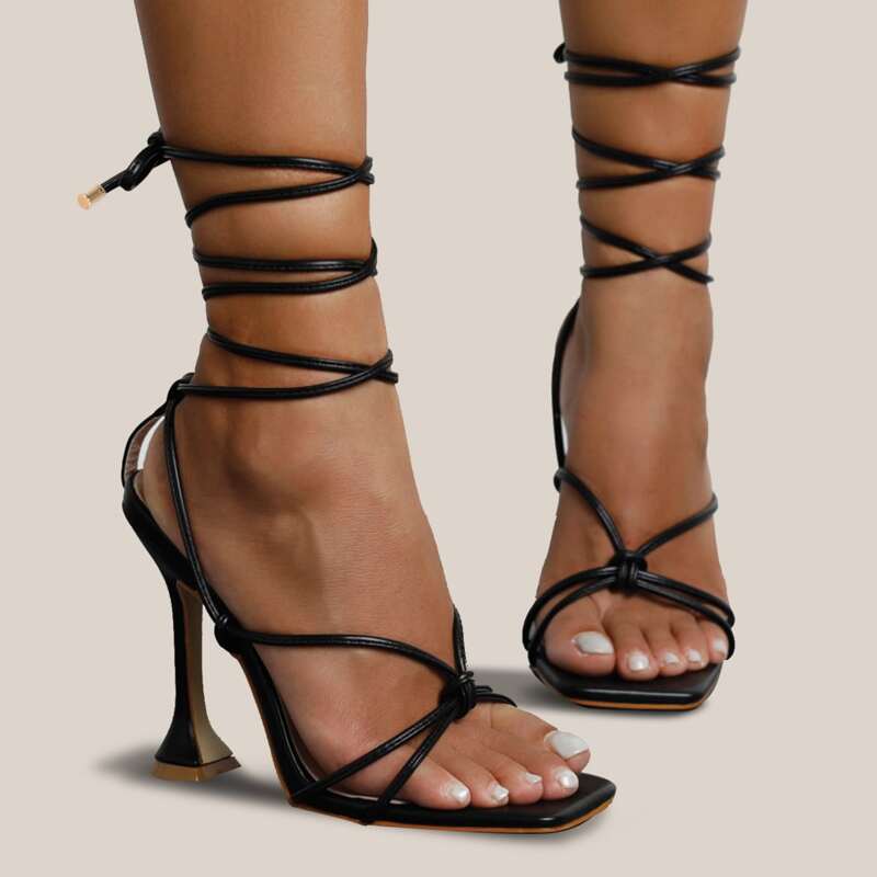 

Open Toe Tie Leg Spool Heeled Sandals, Black
