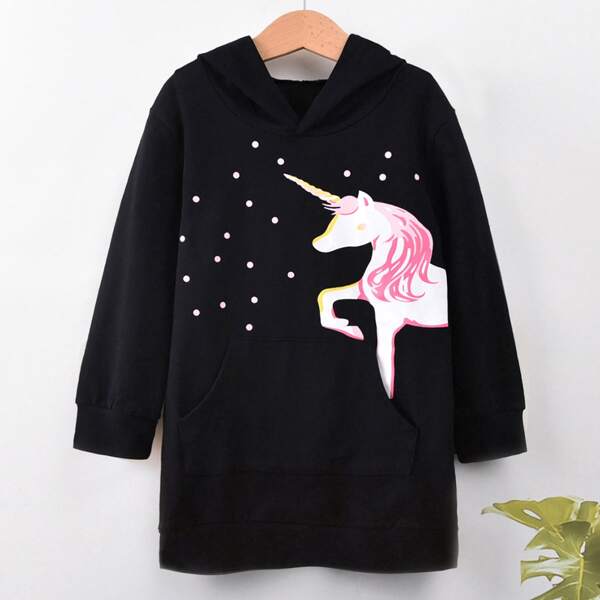 

Toddler Girls Polka Dot Unicorn Graphic Hooded Sweatshirt Dress, Black