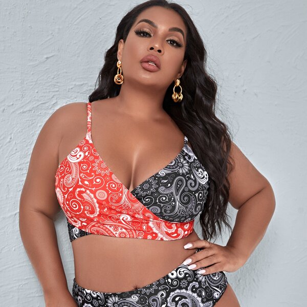 

Plus Paisley Print Two Tone Bikini Swimsuit, Multicolor