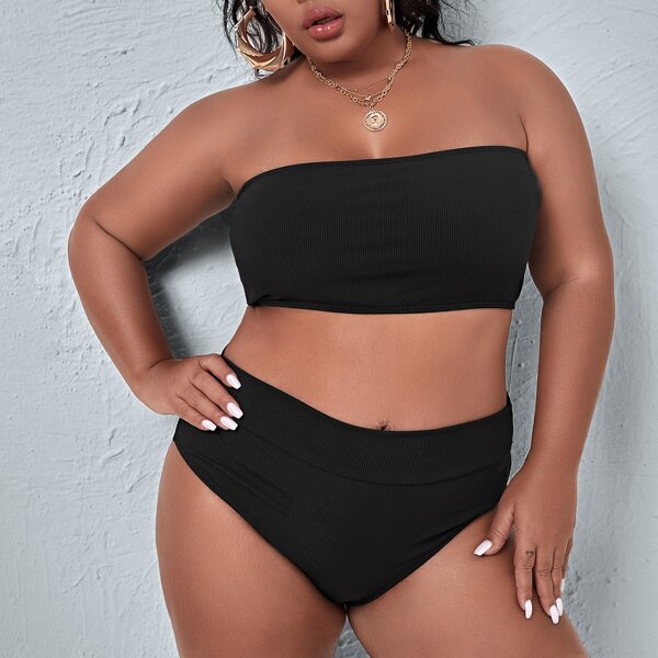 

Plus Rib Bandeau Bikini Swimsuit, Black