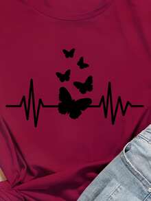 蝴蝶圖案短袖T恤 - 紫紅色 - 查看 4