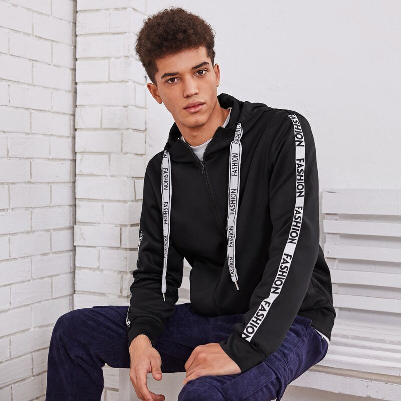 

Guys Letter Graphic Drawstring Hooded Jacket, Black