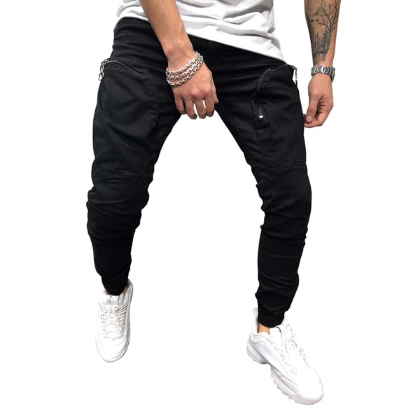 

Men Drawstring Waist Zip Detail Cargo Pants, Black