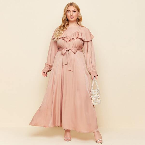 

Plus Ruffle Trim Zipper Back Belted Maxi Dress, Baby pink