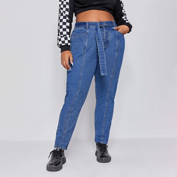 

Plus Slant Pocket Belted Jeans, Medium wash