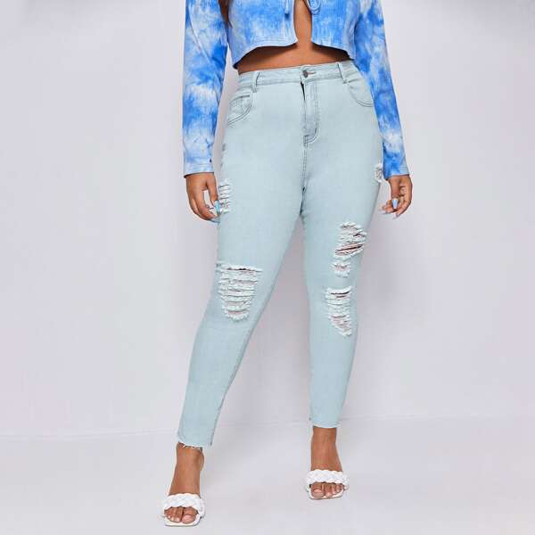 

Plus Raw Hem Ripped Skinny Jeans, Light wash
