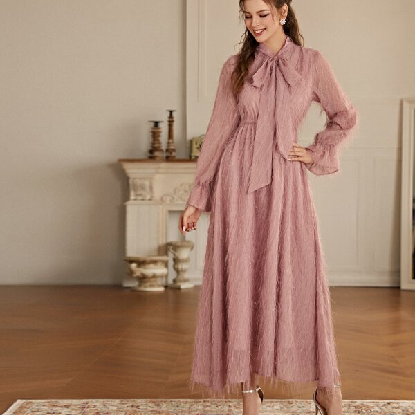 

Tie Neck Flounce Sleeve Fringe Detail Dress, Dusty pink