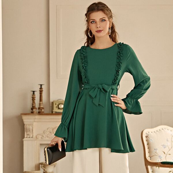 

Frill Trim Flounce Sleeve Belted Blouse, Dark green