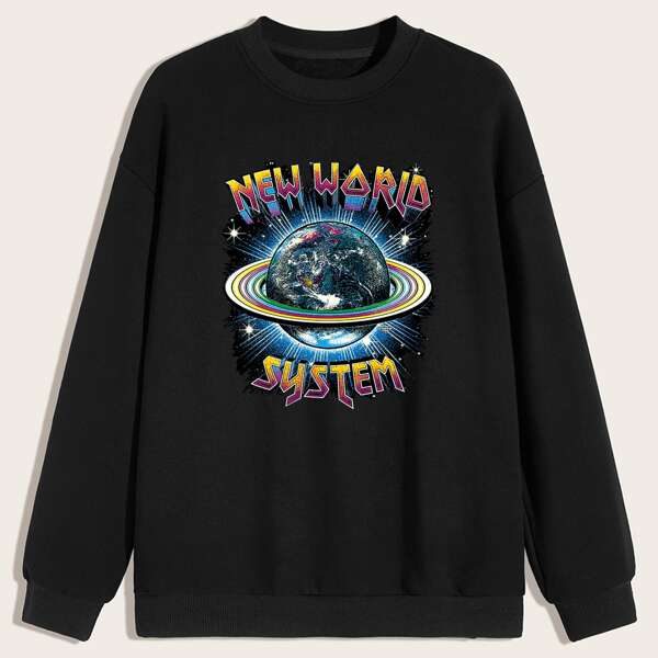 

Men Letter And Planet Print Sweatshirt, Black