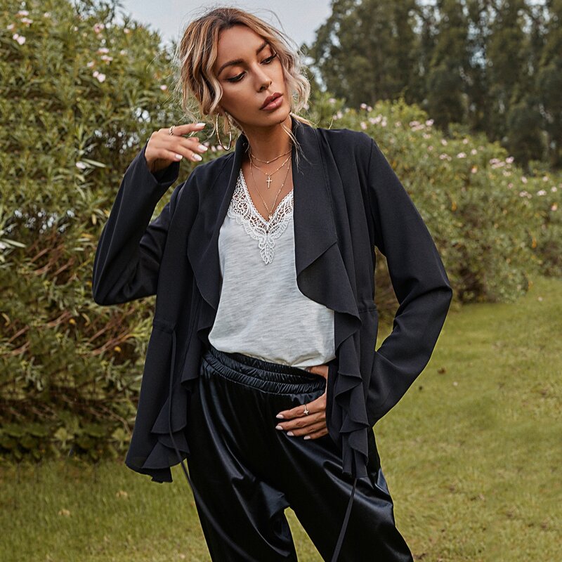 

Solid Drawstring Waist Open Front Coat, Black