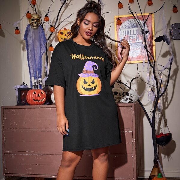

Plus Halloween Print Tee Dress, Black